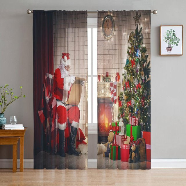 Yiran Furniture Weihnachtsvorhang mit Schneeflocken und Schneemann Motiv, transparenter Tüll-Fenstervorhang, B: 135 cm, H: 115 cm - Bild 1