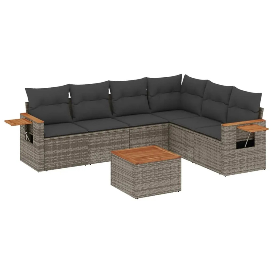 vidaXL 7-tlg Garten-Sofagarnitur aus Poly Rattan und Akazienholz in Grau mit Kissen Modell 64 - Bild 2