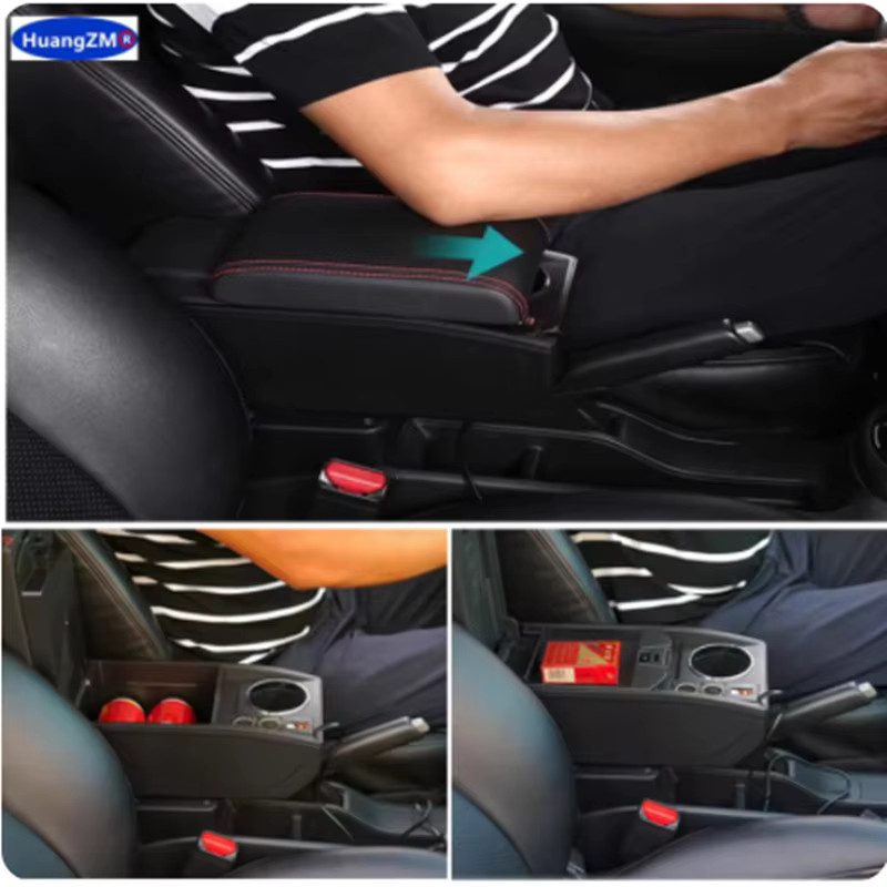 HuangZM Armlehnenbox für Honda City und New City mit USB-Anschluss und Getränkehalter, Schwarz, doppelschichtige Aufbewahrungsbox als Auto-Zubehör - Bild 5