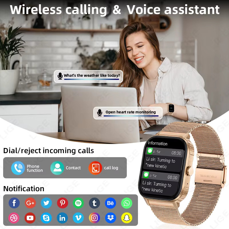 LIGE Smartwatch für Damen und Herren mit 2,04 Zoll HD-Display, Bluetooth-Anruffunktion, Herzfrequenz- und Blutsauerstoffmessung, Weiß mit Milanaise-Armband - Bild 3