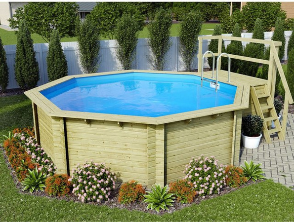 Karibu Achteck Aufstellpool Set mit Sonnenterrasse, Filteranlage und Skimmer, Blau/Grau, B/T/H: 470 x 470 x 111 cm