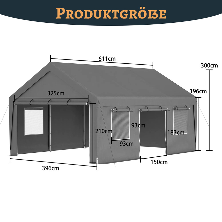 THANADDO Carport-Garagenzelt Allwetter-Unterstand mit Aufrolltüren und Netzfenstern, Grau, B/T/H: 396,2 x 325,0 x 300,0 cm - Bild 2