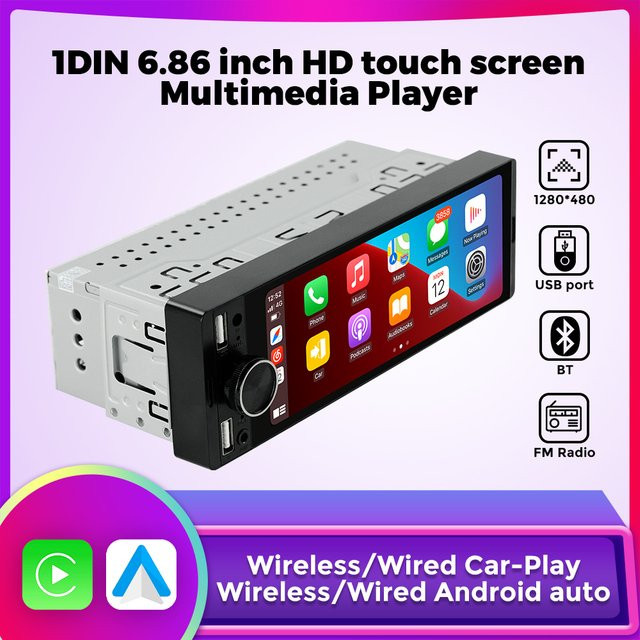 TomoStrong 1DIN Universal MP5 Autoradio mit 6,86 Zoll Touchscreen, Wireless CarPlay, Android Auto, Bluetooth, USB und AUX in Schwarz - Bild 1