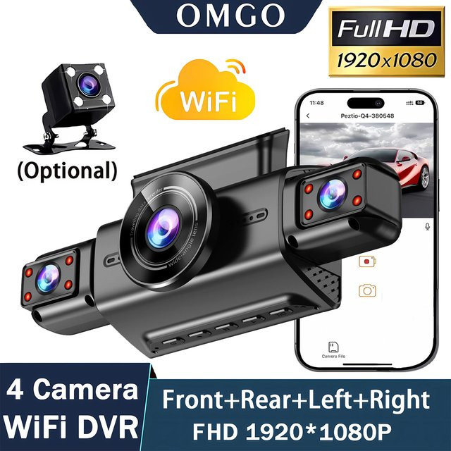 OMGO 4-Kanal 360-Grad Dashcam mit Wi-Fi, FHD 1080P Auto-DVR und Rückfahrkamera, Schwarz - Bild 1
