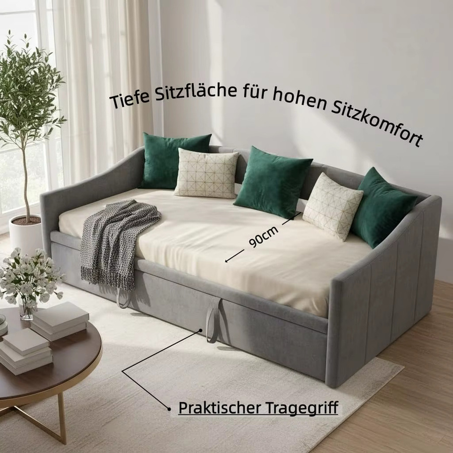 Modernes 2-Sitzer Doppel-Schlafsofa aus Samt in Grau, ausziehbar mit Bettfunktion, Breite: 180 cm, Tiefe: 200 cm - Bild 3