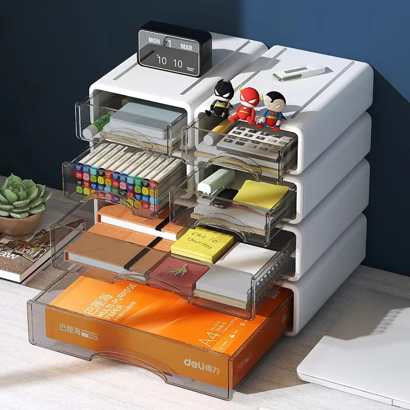 Staubdichte weiße Plastikbox als stapelbarer Schreibtisch-Organizer und Aufbewahrungsbox für Make-up, Schmuck oder Bürobedarf - Bild 1