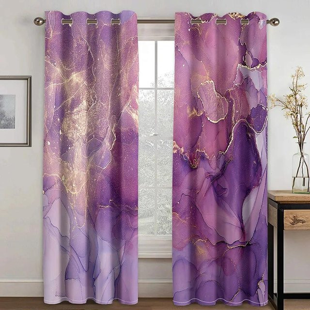 Set aus 2 Vorhängen mit modernem abstraktem Marmor-Design in Lila, Schwarz und Gold, halbtransparent mit Ösen, Breite: 50 cm, Höhe: 130 cm - Bild 1