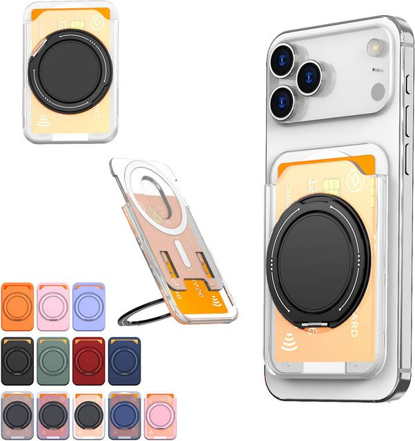 Vyimc Magnetischer Kartenhalter mit Ständer für MagSafe Wallets, kompatibel mit iPhone 17, 16, 15, 14 Pro Max und Samsung S26, S25, S24, Schwarz und Transparent - Bild 1