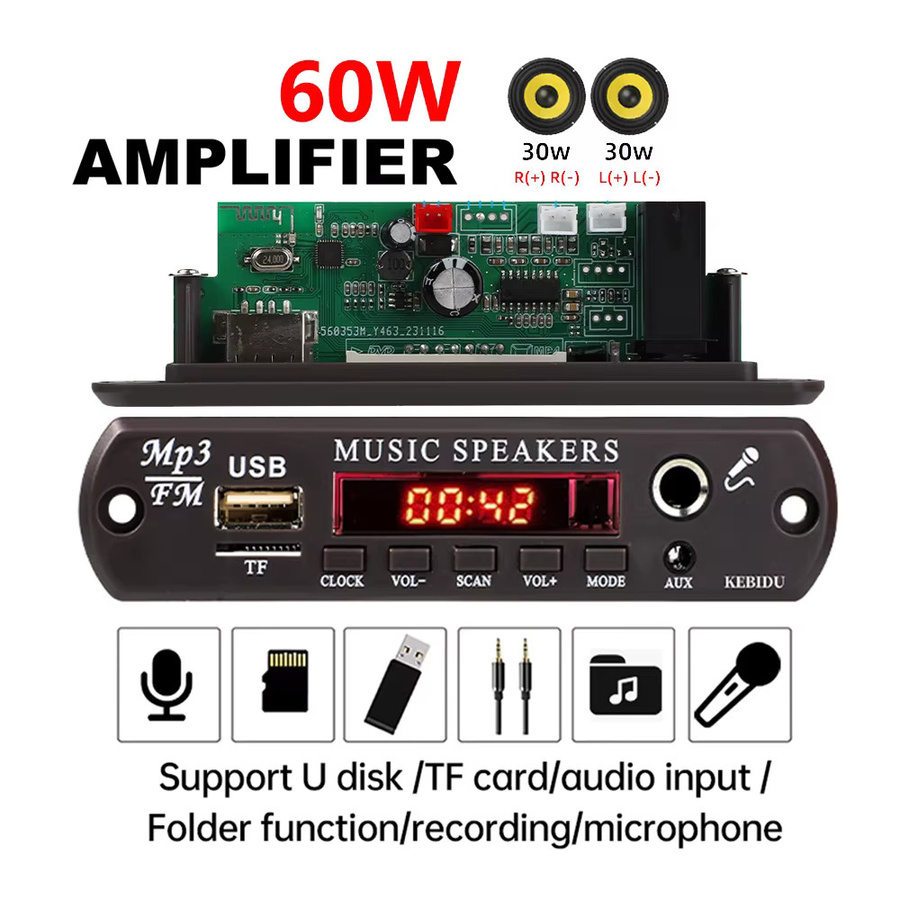KEBIDU 60W Bluetooth 5.3 MP3 Decoder Board mit FM-Radio und Mikrofonanschluss in Schwarz - Bild 7