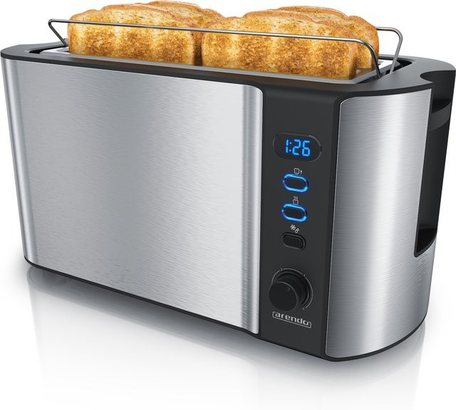 Arendo Langschlitz-Toaster für 4 Scheiben mit 1500W, Digitaldisplay und Brötchenaufsatz, Silber/Schwarz - Bild 1