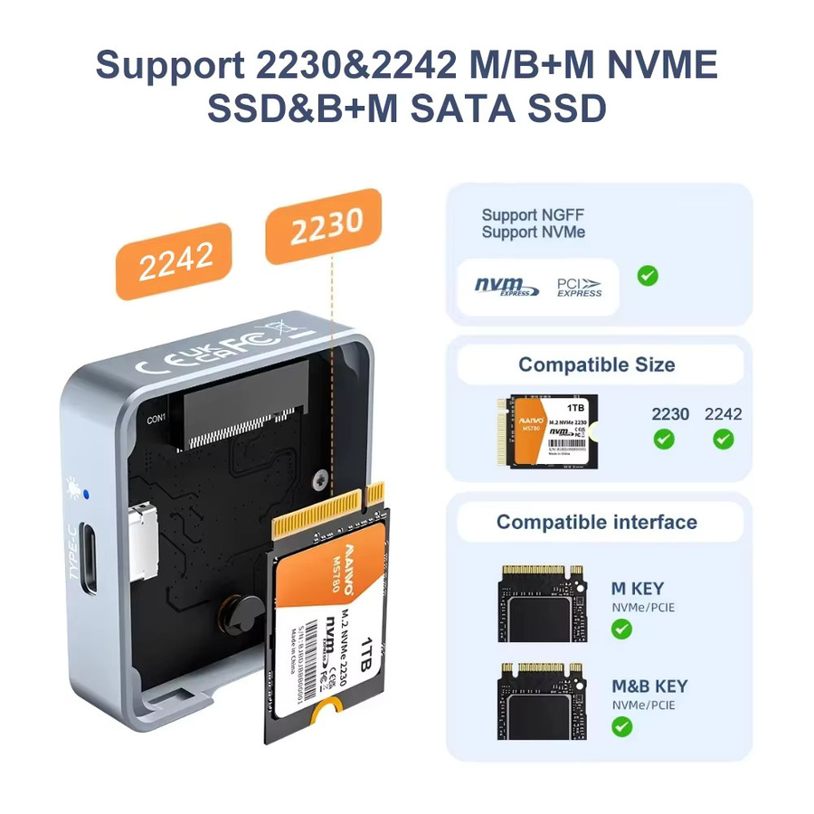 Maiwo M.2 NVMe und SATA SSD Gehäuse mit USB-C Gen2 Anschluss, Farbe: Silber - Bild 3