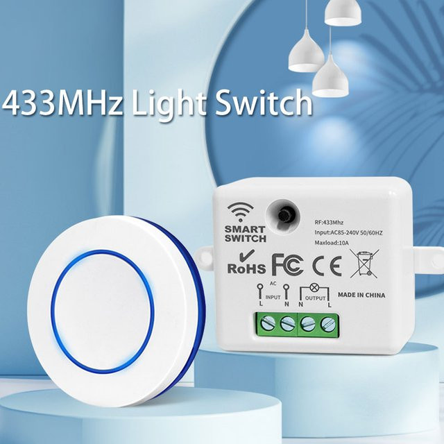 GGBEE RF 433MHz Funk-Fernbedienungs-Lichtschalter mit Relais-Empfänger und rundem Wandpanel-Taster in Weiß - Bild 1