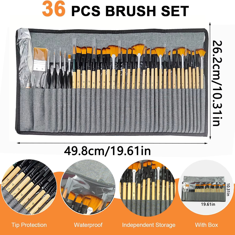 36-teiliges professionelles Pinselset mit Palettenmesser und Stoffrolle aus Holz in Mehrfarben für Acryl, Öl, Aquarell und Gouache - Bild 4