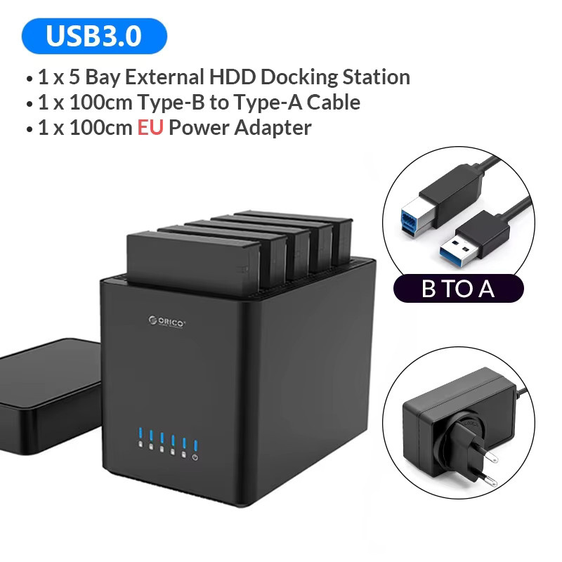 ORICO USB 3.0 und USB-C Festplattengehäuse mit 5 Einschüben für 3,5 Zoll SATA HDD, Tool-Free Magnetic-Type Dockingstation, Schwarz - Bild 7