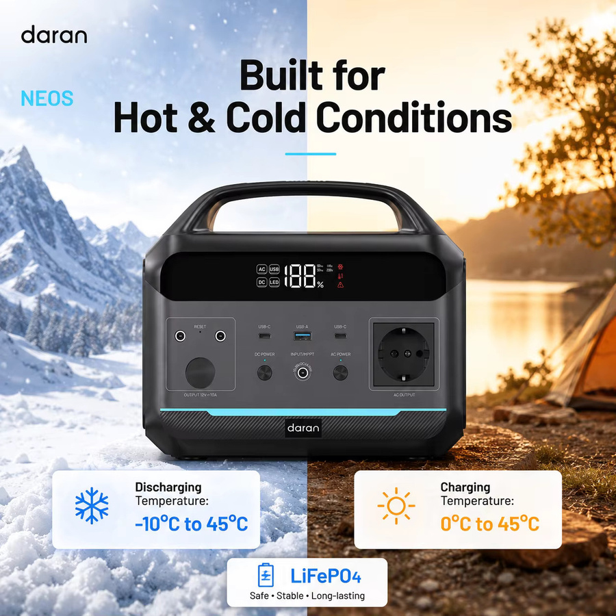 Daran NEOS Tragbare Powerstation mit 288Wh LiFePO4 Akku, 600W Dauerleistung und 1200W Spitzenleistung, Solargenerator in Schwarz mit PD Schnellladung und USB-C Anschluss - Bild 2