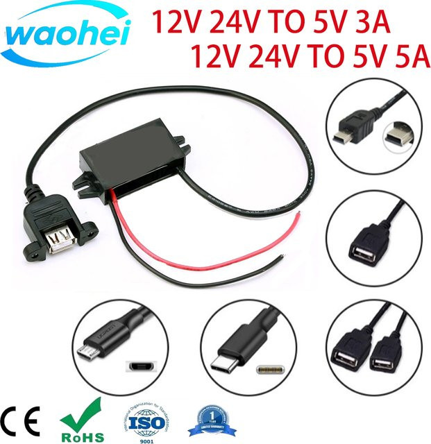 Waohei DC-DC Auto-Stromrichter Typ-C USB-Abwärtsspannungsadapter 12V 24V auf 5V 25W Schwarz - Bild 1
