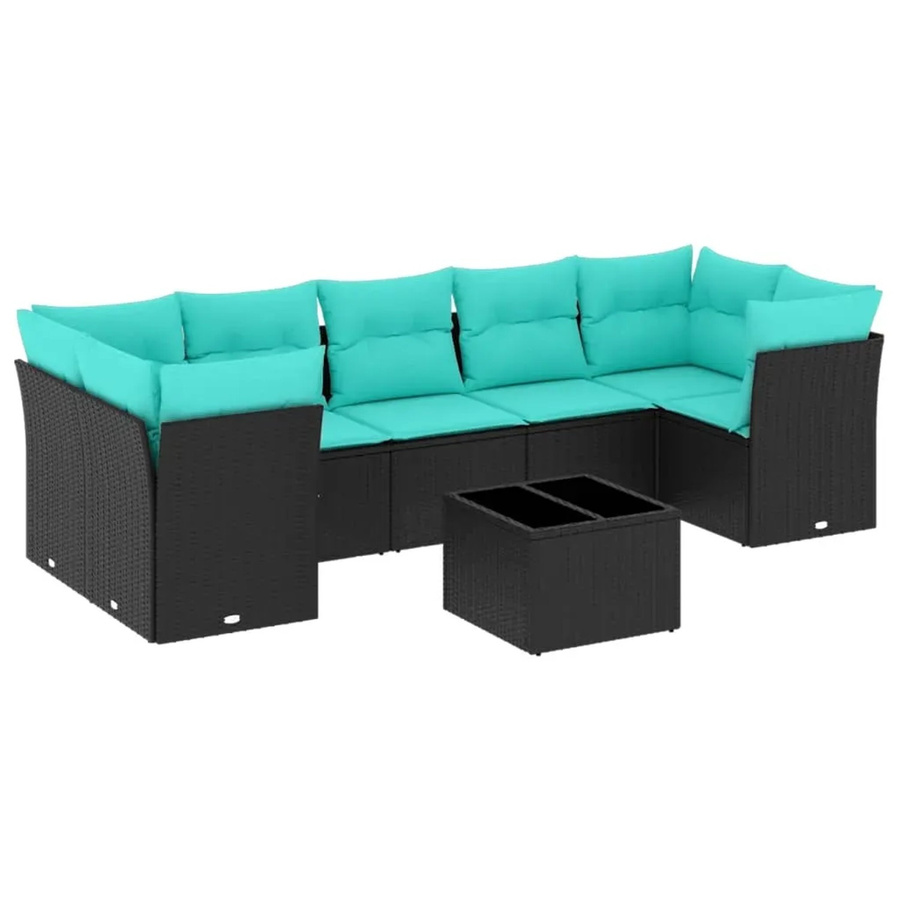 vidaXL 8-tlg. Garten-Sofagarnitur in L-Form mit Polsterkissen und Couchtisch, Schwarz/Blau, Poly-Rattan mit Metallgestell - Bild 2