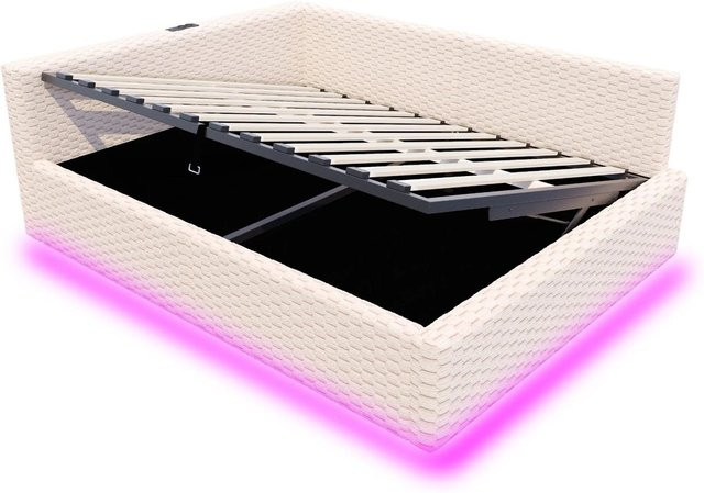 Merax Polsterbett mit LED-Unterbettbeleuchtung und USB-Anschluss in Beige, B/T/H: 140 x 200 x 213 cm - Bild 1