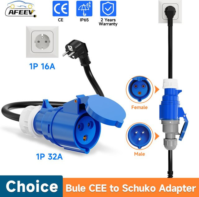 AFEEV EV-Ladegerät mit CEE-Buchse auf Schuko-Adapter, 3-polig, Blau, 7 kW, 32 A, 1-Phasen-Verbindungskabel - Bild 1
