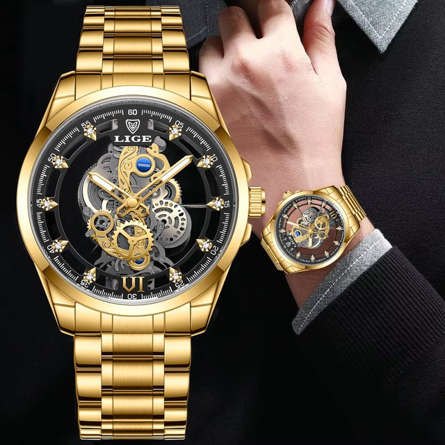 LIGE Armbanduhr Skeleton, Quarz, Gold, Edelstahl, Herren - Bild 1
