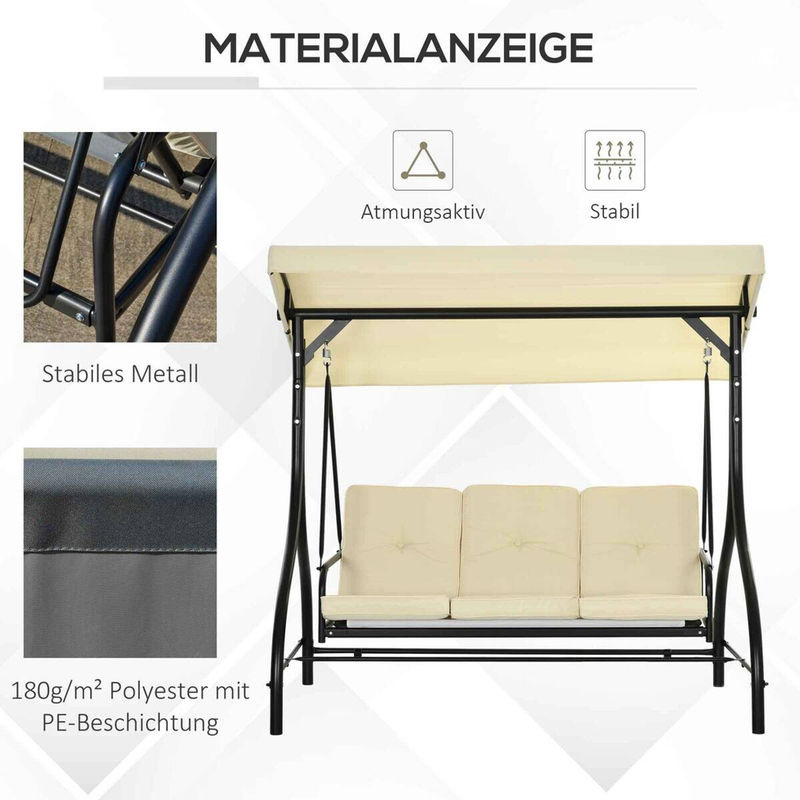 Outsunny 2 in 1 Hollywoodschaukel mit Liegefunktion und Sonnendach, 3-Sitzer Gartenschaukel aus Stahl in Beige, B/T/H: 195 x 117 x 175 cm - Bild 6