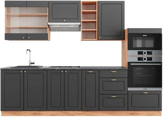 Vicco Fame-Line Küchenzeile Landhausstil in Anthrazit und Goldkraft Eiche, Breite: 280 cm - Bild 1