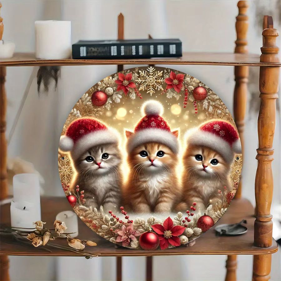 Potdemiel Weihnachtskätzchen Metallschild mit Kranzdesign als Wanddekoration aus Eisen, B/H: 20,3 x 20,3 cm - Bild 5
