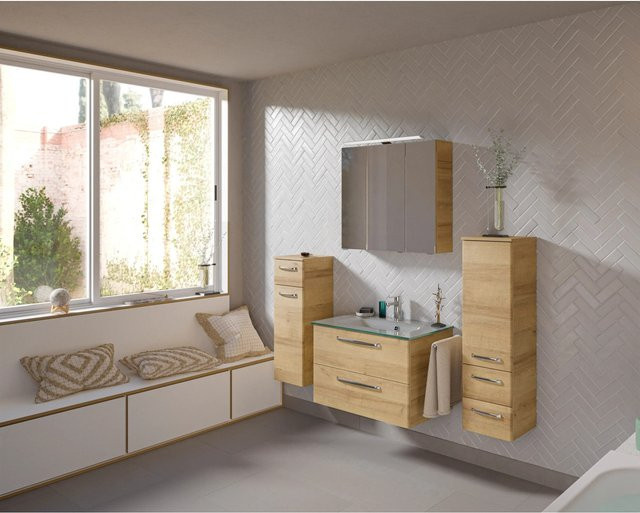 Pelipal Badmöbelset Trentino in Riviera Eiche mit Waschtisch, Unterschrank, Spiegelschrank und Midischrank, Breite: 137 cm - Bild 1