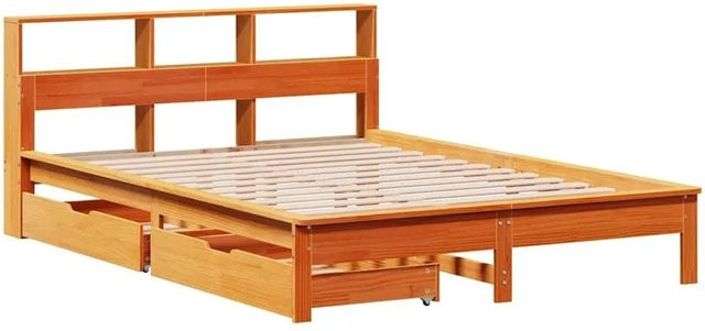 vidaXL Massivholzbett aus Kiefernholz mit Bettschubladen und Regal in Braun, B/T/H: 135 x 190 x 78 cm - Bild 1
