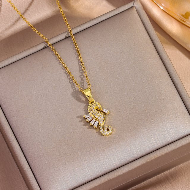 Marisa Halskette Seepferdchen Anhänger, 18K Gold überzogen, Edelstahl, Zirkonia, Kristall, Damen - Bild 1