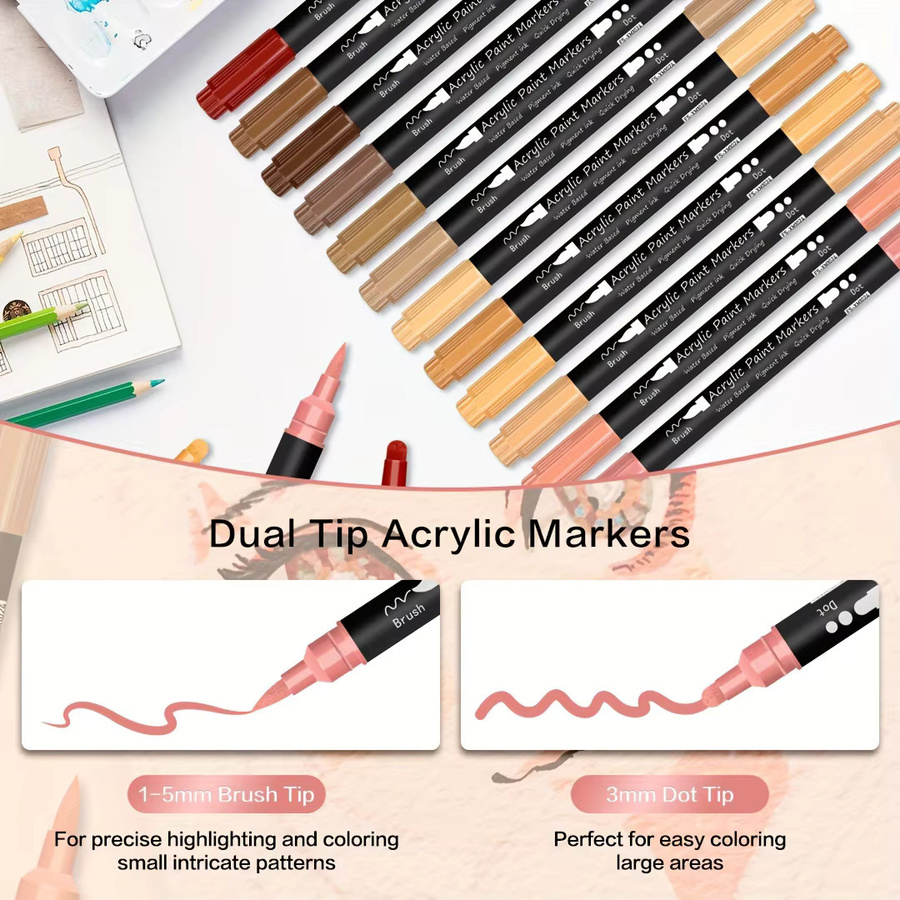 Kolorowys Acrylmarker Set mit 12 Hauttönen und Doppelspitzen aus Pinsel und Punktspitze für Stein, Leinwand, Fliesen und Glas - Bild 5