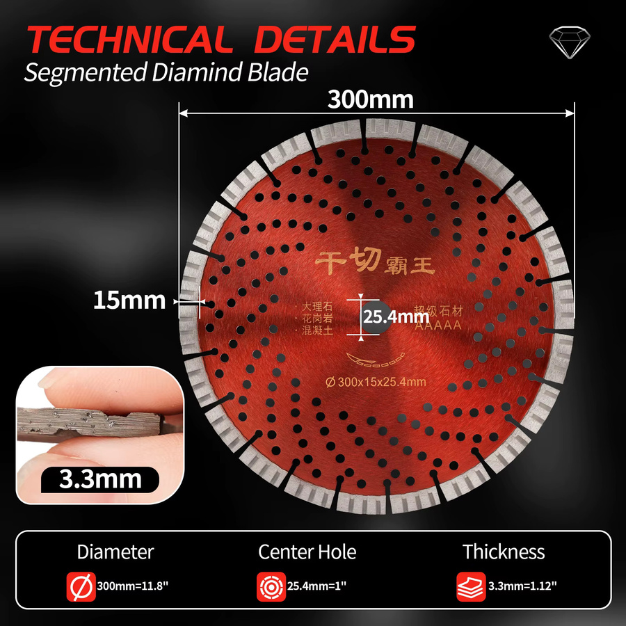 NuoDunco Diamant-Sägeblatt NuoDunco, segmentierte Stein-Trennscheibe in Rot, Durchmesser: 300 mm, Bohrung: 30 mm, ideal für Steinfliesen, Granit, Marmor und Beton - Bild 2