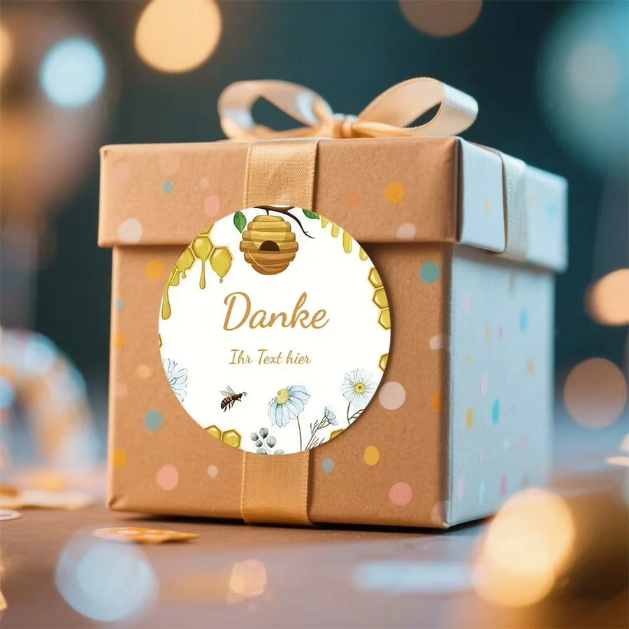 Personalisierte runde Dankesaufkleber mit Bienenstock-Design, Honigtropfen und weißen Gänseblümchen auf Premium-Papier, Farbe: Weiß - Bild 2
