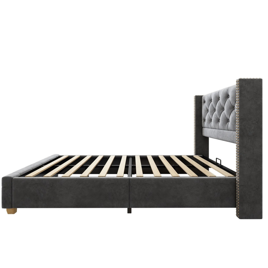okwish Polsterbett aus Samt mit Knopfpolsterung in Grau, B/T/H: 90 x 200 x 108 cm - Bild 2