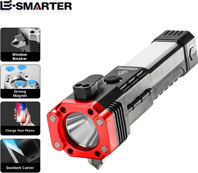 ESMARTER Multifunktionale USB-aufladbare Taschenlampe mit Sicherheitshammer in Schwarz - Bild 1