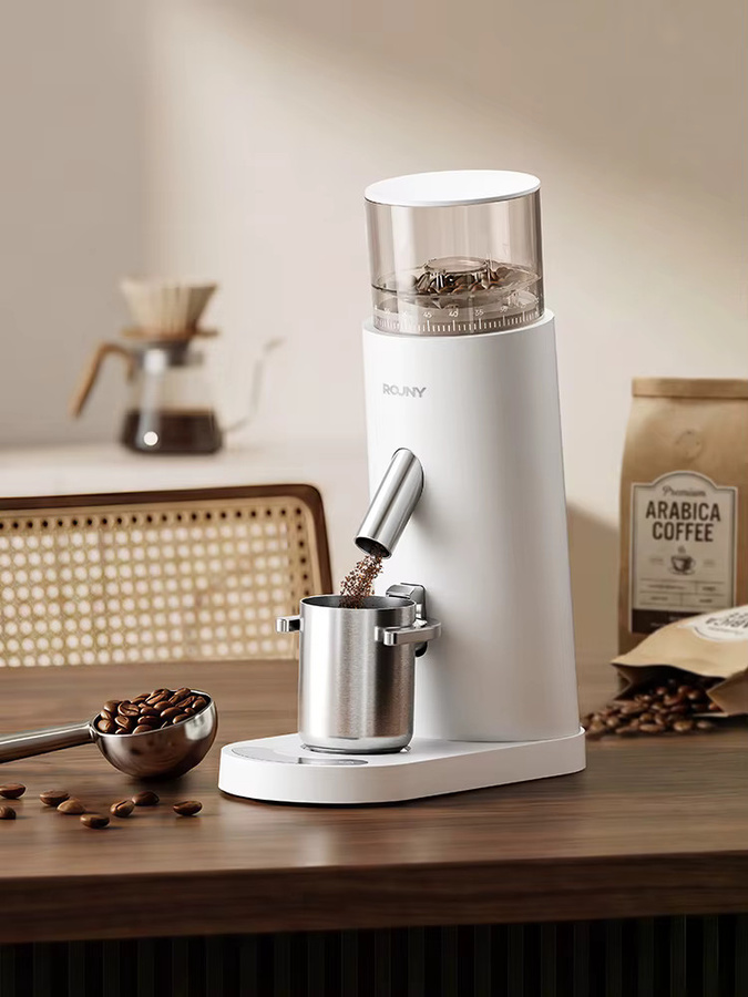 ROUNY Kabellose Elektrische Kaffeemühle in Weiß mit einstellbarem Mahlgrad, Wiederaufladbar, 80g Bohnenbehälter und 60g Dosierbecher - Bild 6