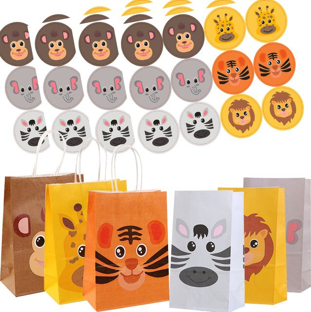 Set aus Papier-Verpackungstaschen mit Wildtier-Motiven für Süßigkeiten und Cookies, Dschungel und Safari Design für Kindergeburtstage und Partys, Mehrfarbig - Bild 1