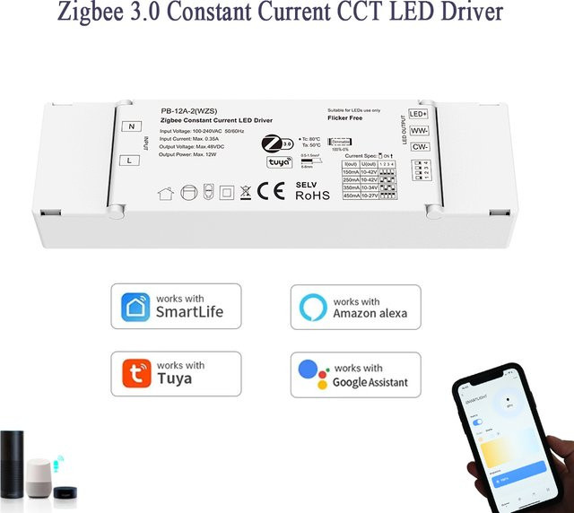 CENFAYA Zigbee 3.0 Konstantstrom-CCT-LED-Treiber, dimmbares Netzteil mit TUYA APP Sprachsteuerung für zweifarbige LED-Beleuchtung in Weiß - Bild 1
