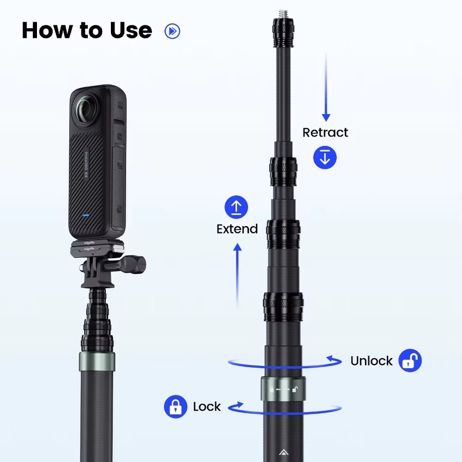 aMagisn Unsichtbarer Selfie-Stick aus Kohlefaser in Schwarz, frei ausziehbar von 1,2 m bis 3 m, kompatibel mit GoPro Max, Insta360 X3 X4 X5 und DJI Osmo 360 - Bild 3