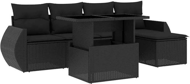 vidaXL 6-teilige Garten-Sofagarnitur in L-Form aus schwarzem Poly-Rattan mit Kissen und pulverbeschichtetem Stahlgestell - Bild 1