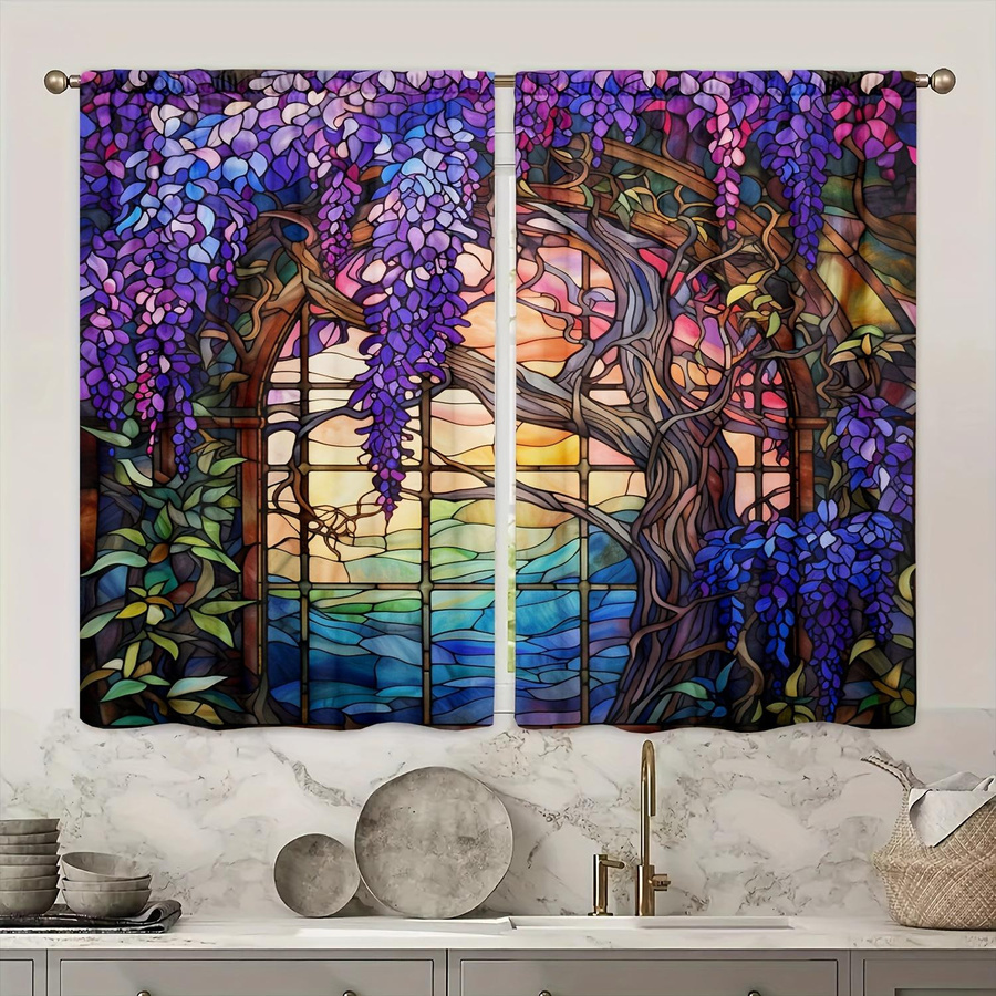 2er-Set Glyzinien Vorhang mit Buntglas-Blumenmuster, halbtransparent, modern, Breite: 50 cm, Höhe: 130 cm - Bild 2