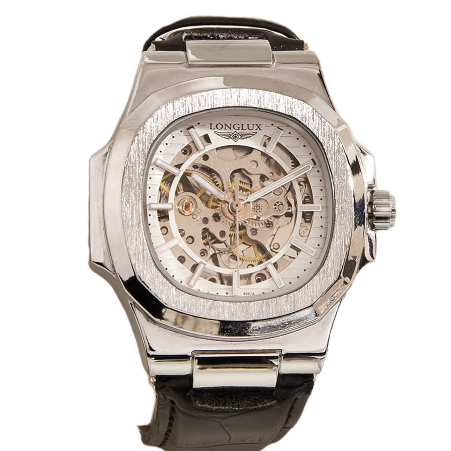 LONGLUX Automatik-Armbanduhr, Edelstahl, Leder, Schwarz, Herren - Bild 7