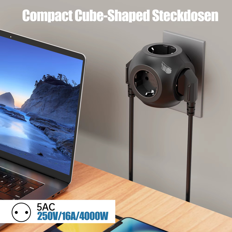 Steckdosenleiste mit 5 Steckdosen für Wandmontage, 4000 W, Schwarz, EU-Stecker - Bild 2