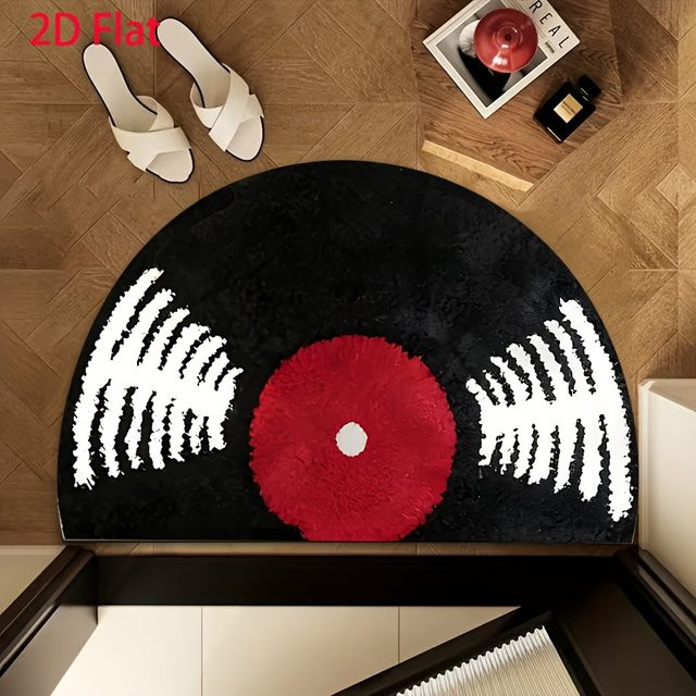 VIKAMA Vintage Vinyl-Schallplatten-Halbkreis-Fußmatte in Schwarz, rutschfeste und waschbare Musik-Eingangsmatte mit Retro-Design, B/T: 60 x 40 cm - Bild 1