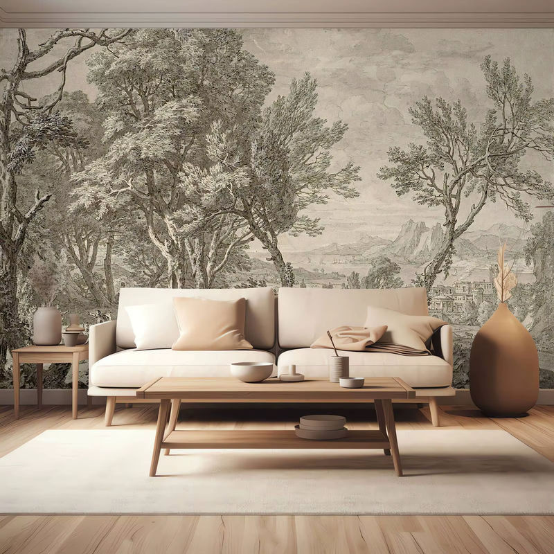 Vintage szenische Tapete von Pixel&Wall als Landschaft Panorama Wandbild mit Bäumen in Schwarz-Weiß-Grau im Bleistift-Stil - Bild 3
