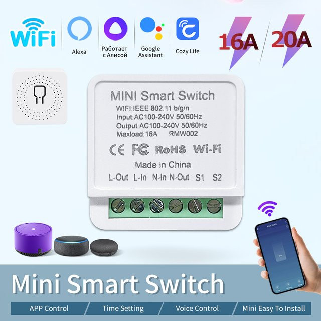 Ammtoo WiFi Smart Lichtschaltermodul 16A 20A 2-Wege-Relaisbrecher in Weiß mit App- und Sprachsteuerung für Alexa und Google Home - Bild 1