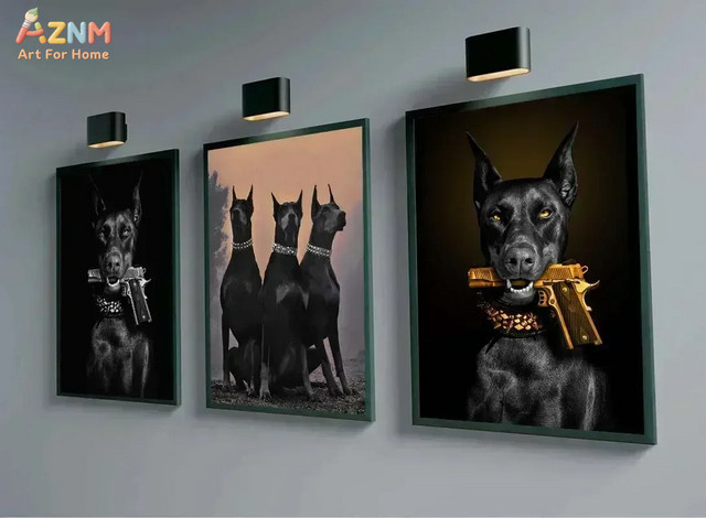 AZNM Leinwand-Wandkunst Dobermann Tierporträt in Schwarz-Gold für dein Wohnzimmer oder Schlafzimmer - Bild 1