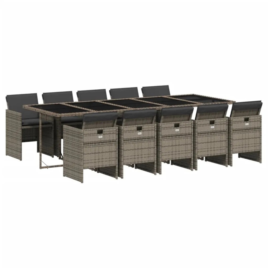 vidaXL 11-teilige Garten-Essgruppe aus Poly-Rattan mit Kissen in Grau und Tisch mit Hartglas - Bild 2