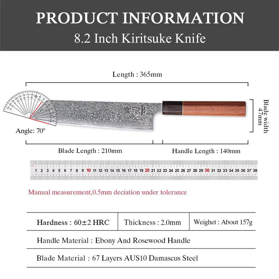 TURWHO Kiritsuke Kochmesser aus Damaszener Stahl mit Holzgriff, 20,8 cm professionelles Küchenmesser für Fleisch und Gemüse - Bild 4