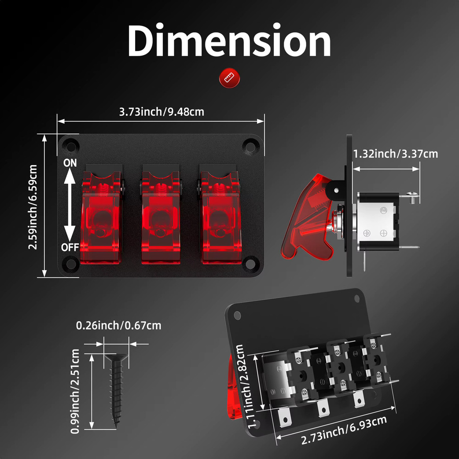 Daiertek Universal Kippschalter Panel 12 V 20 A mit LED-Anzeige und Sicherheitsabdeckung in Schwarz - Bild 2
